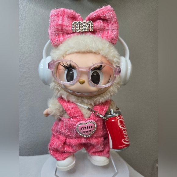 Cute Labubu Outfit Pink Pantsuit with Headphones, Glasses,  and Coca-Cola Can - Picture 1 of 8